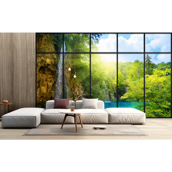 Optical Illusion Panoramic Window Wall Mural / Wallpaper - Waterfalls