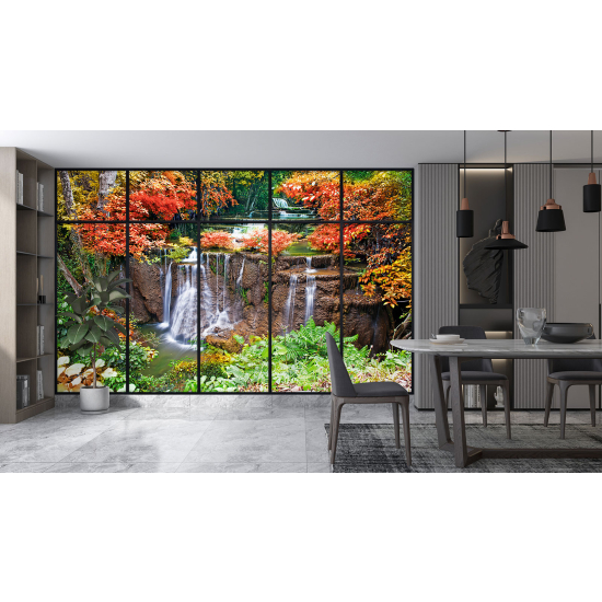 Optical Illusion Panoramic Window Wall Mural / Wallpaper - Waterfalls