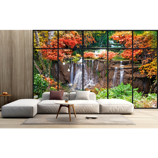 Optical Illusion Panoramic Window Wall Mural / Wallpaper - Waterfalls