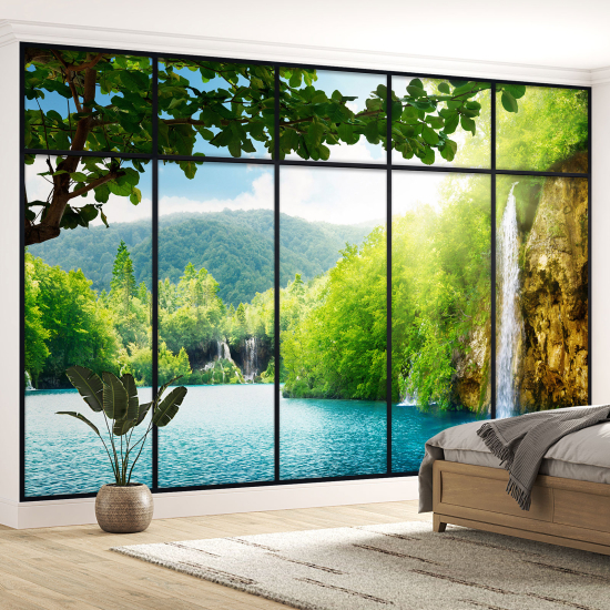 Optical Illusion Panoramic Window Wall Mural / Wallpaper - Waterfalls