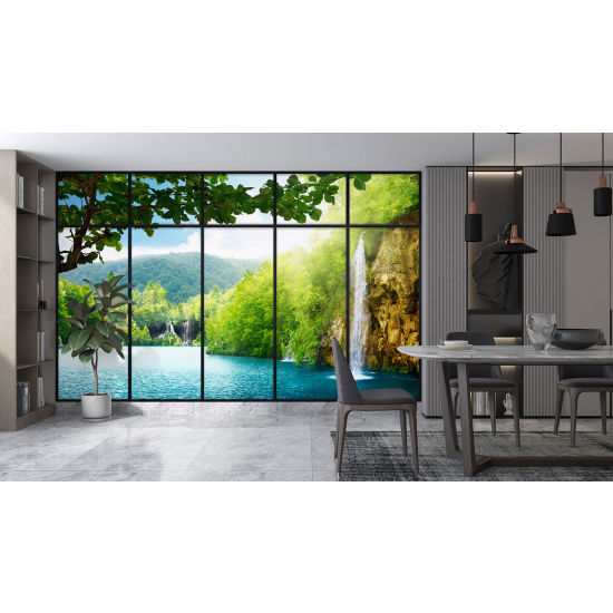 Optical Illusion Panoramic Window Wall Mural / Wallpaper - Waterfalls