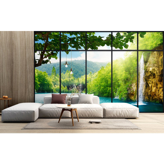 Optical Illusion Panoramic Window Wall Mural / Wallpaper - Waterfalls