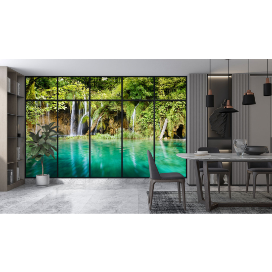 Optical Illusion Panoramic Window Wall Mural / Wallpaper - Waterfalls