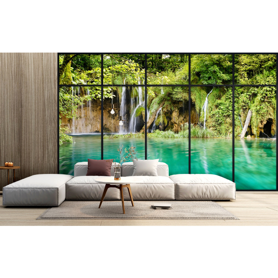 Optical Illusion Panoramic Window Wall Mural / Wallpaper - Waterfalls