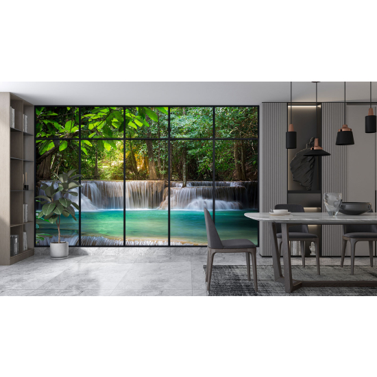 Optical Illusion Panoramic Window Wall Mural / Wallpaper - Waterfalls