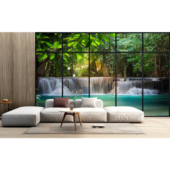 Optical Illusion Panoramic Window Wall Mural / Wallpaper - Waterfalls