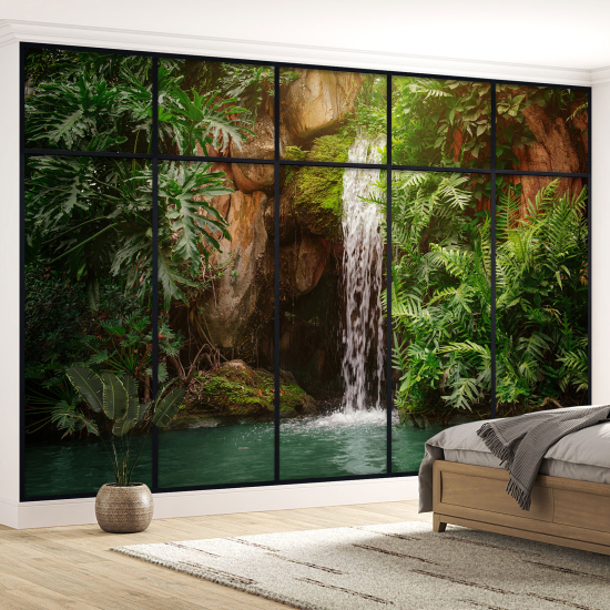 Optical Illusion Panoramic Window Wall Mural / Wallpaper - Waterfalls