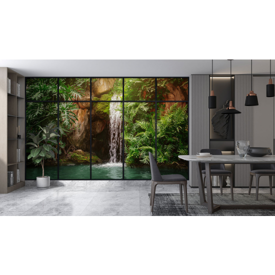 Optical Illusion Panoramic Window Wall Mural / Wallpaper - Waterfalls