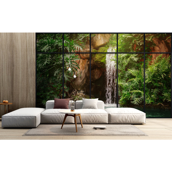 Optical Illusion Panoramic Window Wall Mural / Wallpaper - Waterfalls