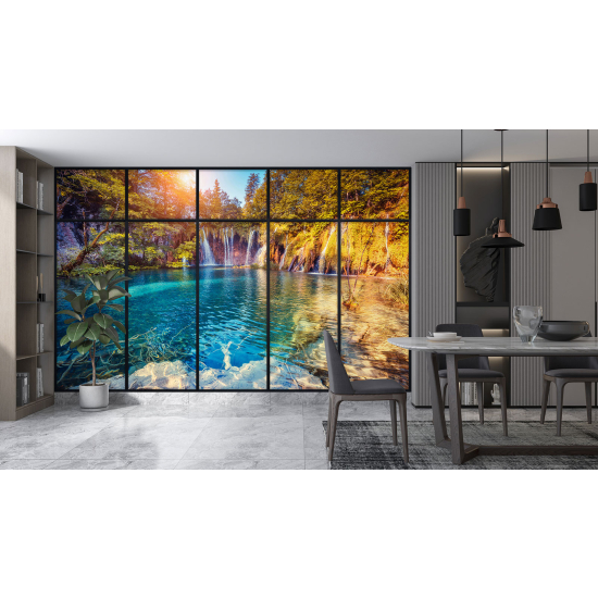 Optical Illusion Panoramic Window Wall Mural / Wallpaper - Waterfalls