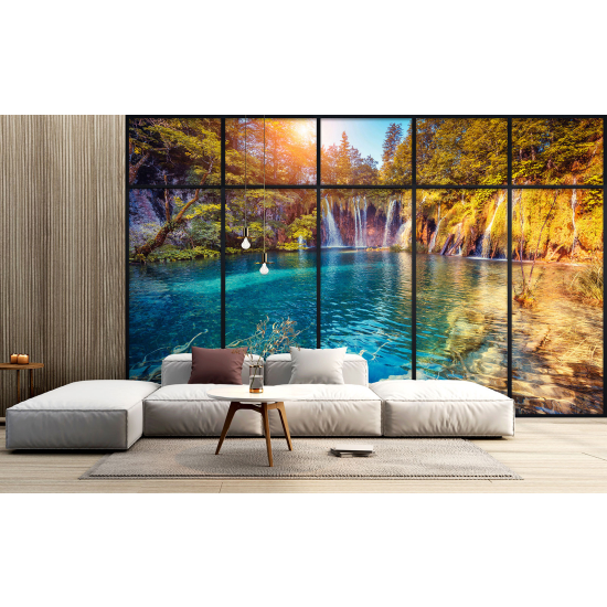 Optical Illusion Panoramic Window Wall Mural / Wallpaper - Waterfalls