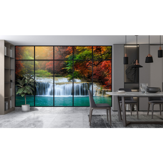 Optical Illusion Panoramic Window Wall Mural / Wallpaper - Waterfalls