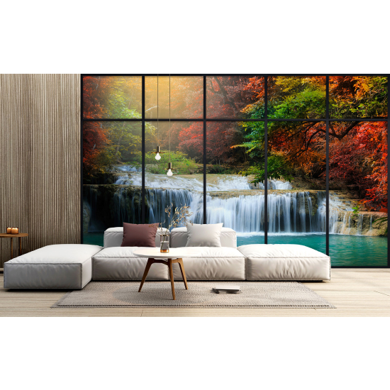 Optical Illusion Panoramic Window Wall Mural / Wallpaper - Waterfalls