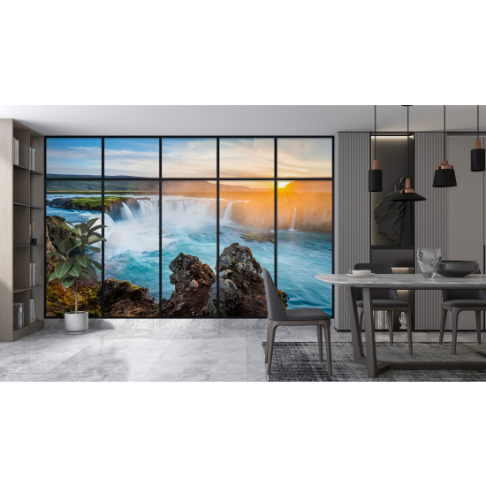 Optical Illusion Panoramic Window Wall Mural / Wallpaper - Waterfalls