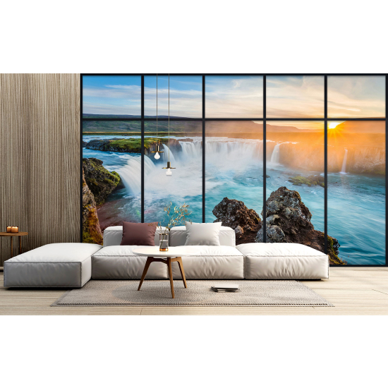 Optical Illusion Panoramic Window Wall Mural / Wallpaper - Waterfalls