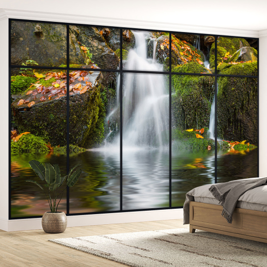 Optical Illusion Panoramic Window Wall Mural / Wallpaper - Waterfalls