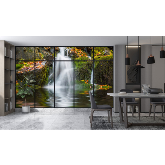 Optical Illusion Panoramic Window Wall Mural / Wallpaper - Waterfalls