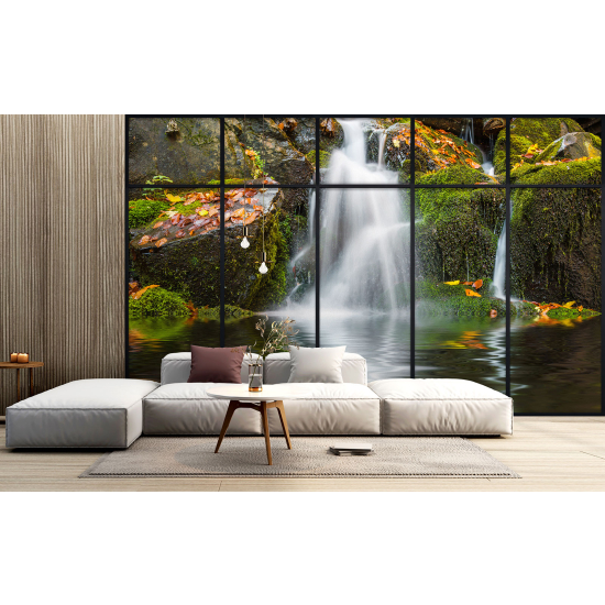 Optical Illusion Panoramic Window Wall Mural / Wallpaper - Waterfalls