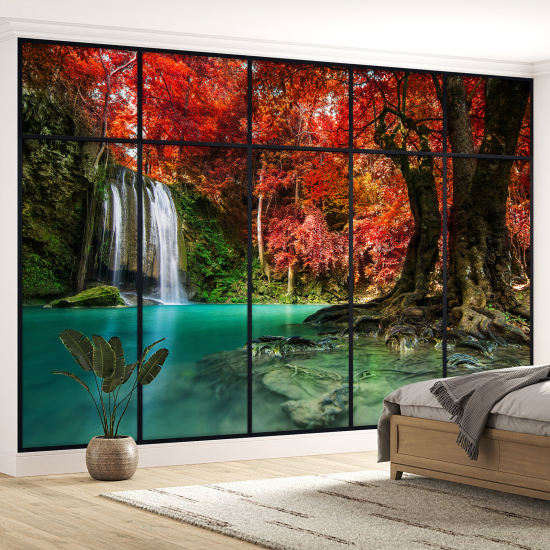 Optical Illusion Panoramic Window Wall Mural / Wallpaper - Waterfalls