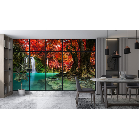 Optical Illusion Panoramic Window Wall Mural / Wallpaper - Waterfalls