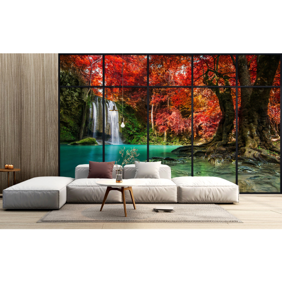 Optical Illusion Panoramic Window Wall Mural / Wallpaper - Waterfalls