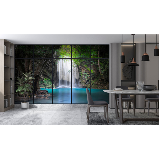 Optical Illusion Panoramic Window Wall Mural / Wallpaper - Waterfalls