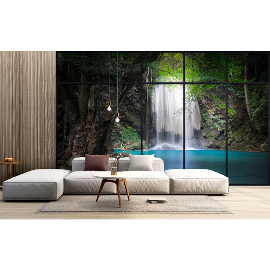 Optical Illusion Panoramic Window Wall Mural / Wallpaper - Waterfalls