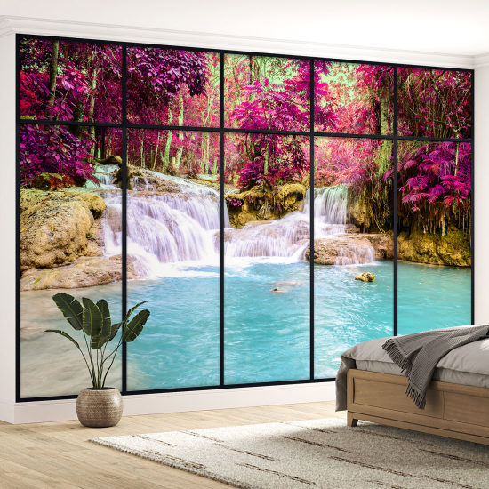 Optical Illusion Panoramic Window Wall Mural / Wallpaper - Waterfalls