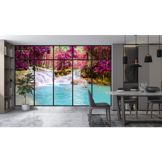 Optical Illusion Panoramic Window Wall Mural / Wallpaper - Waterfalls