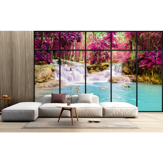 Optical Illusion Panoramic Window Wall Mural / Wallpaper - Waterfalls