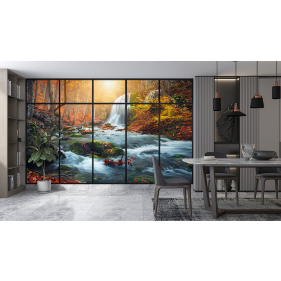 Optical Illusion Panoramic Window Wall Mural / Wallpaper - Waterfalls