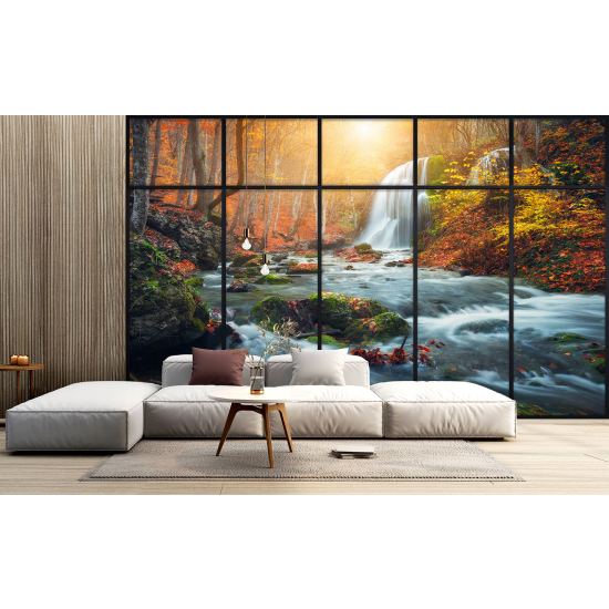 Optical Illusion Panoramic Window Wall Mural / Wallpaper - Waterfalls