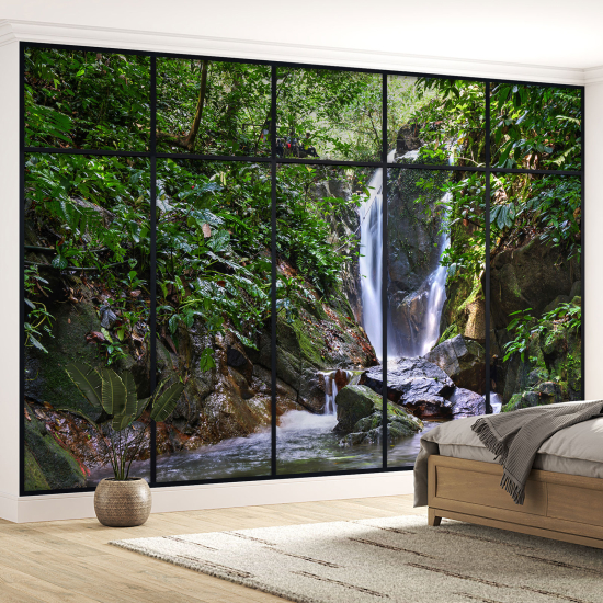 Optical Illusion Panoramic Window Wall Mural / Wallpaper - Waterfalls