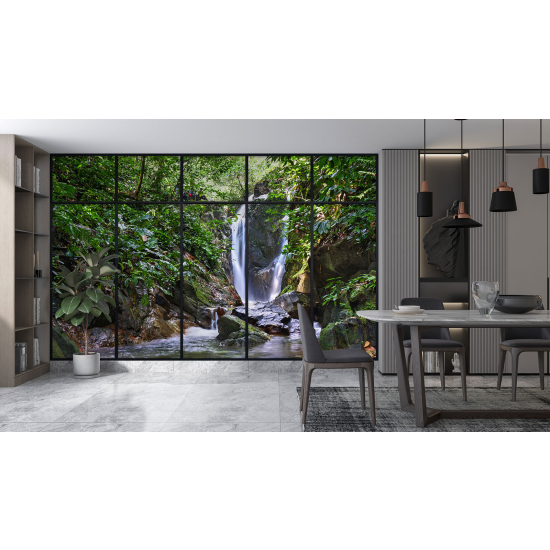 Optical Illusion Panoramic Window Wall Mural / Wallpaper - Waterfalls