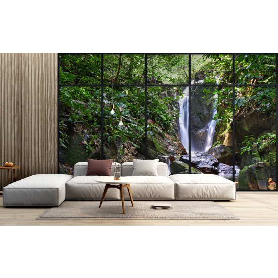 Optical Illusion Panoramic Window Wall Mural / Wallpaper - Waterfalls