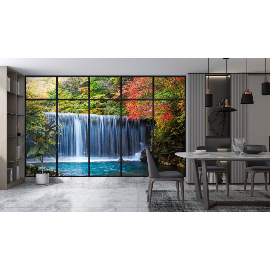 Optical Illusion Panoramic Window Wall Mural / Wallpaper - Waterfalls