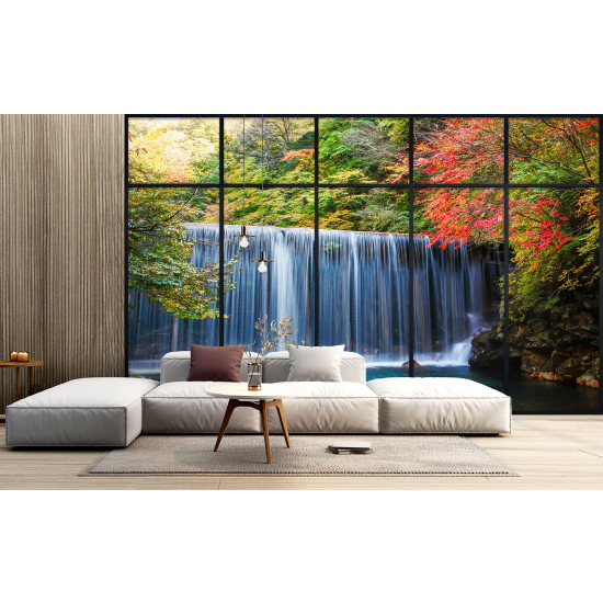 Optical Illusion Panoramic Window Wall Mural / Wallpaper - Waterfalls