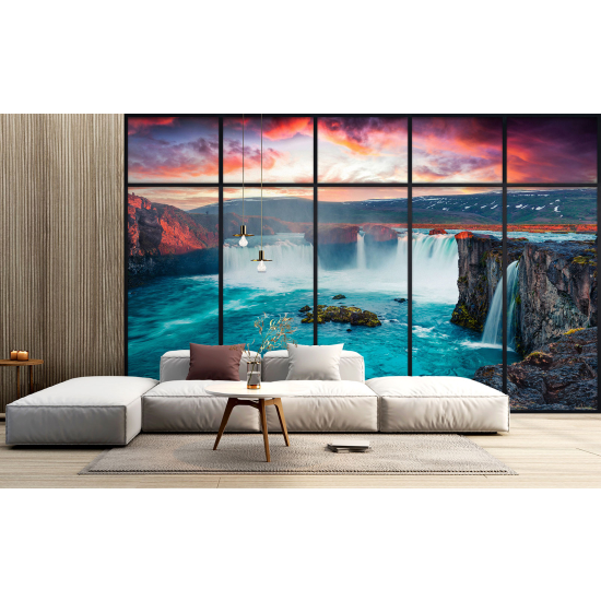 Optical Illusion Panoramic Window Wall Mural / Wallpaper - Waterfalls