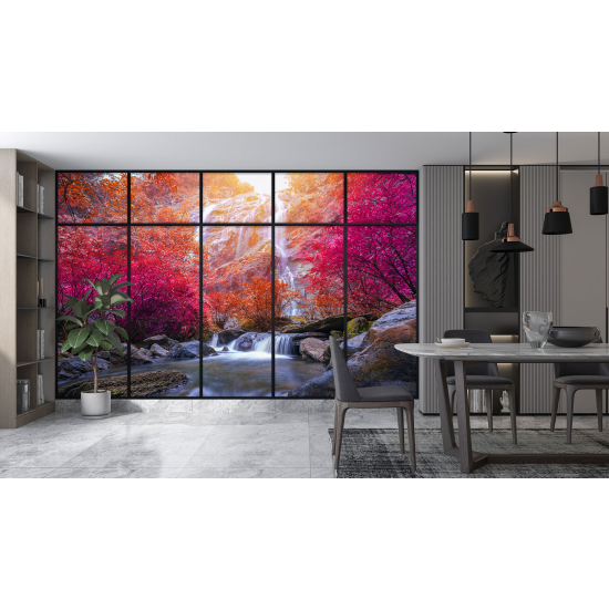 Optical Illusion Panoramic Window Wall Mural / Wallpaper - Waterfalls