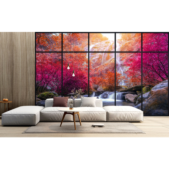 Optical Illusion Panoramic Window Wall Mural / Wallpaper - Waterfalls