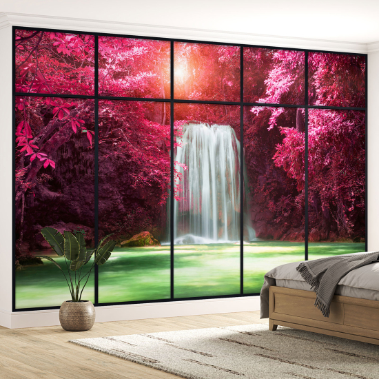 Optical Illusion Panoramic Window Wall Mural / Wallpaper - Waterfalls