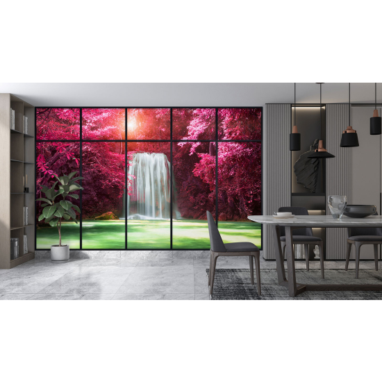 Optical Illusion Panoramic Window Wall Mural / Wallpaper - Waterfalls