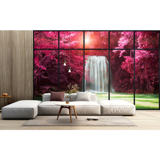 Optical Illusion Panoramic Window Wall Mural / Wallpaper - Waterfalls