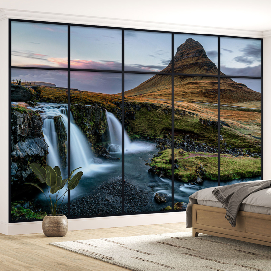 Optical Illusion Panoramic Window Wall Mural / Wallpaper - Waterfalls