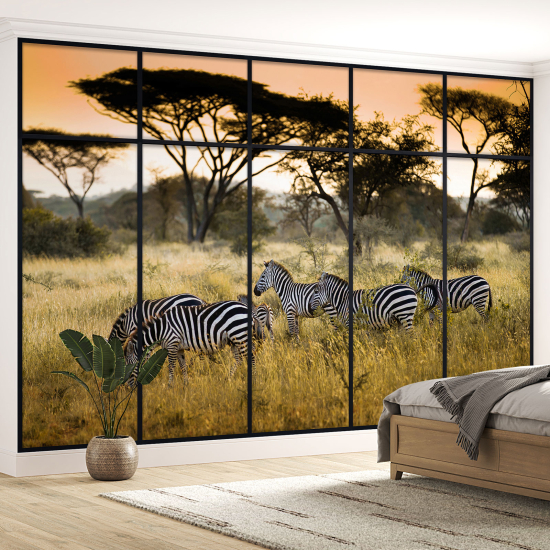 Optical Illusion Panoramic Window Wall Mural / Wallpaper - Zebras