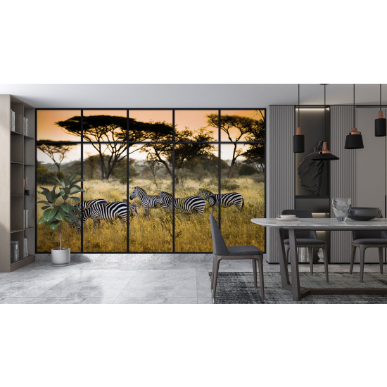 Optical Illusion Panoramic Window Wall Mural / Wallpaper - Zebras