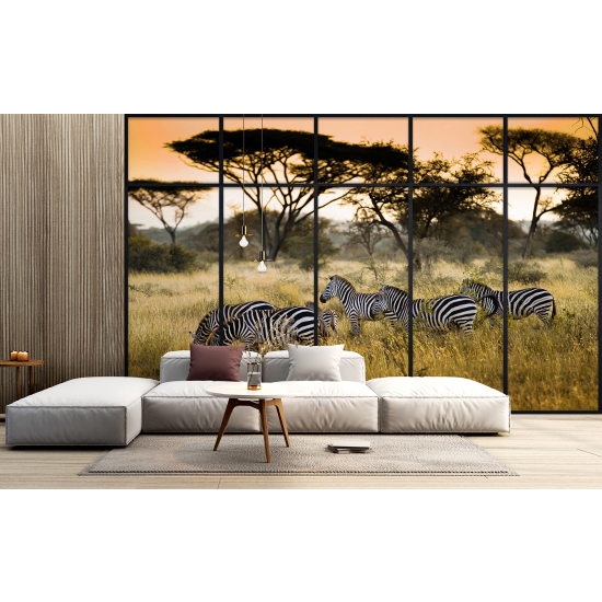 Optical Illusion Panoramic Window Wall Mural / Wallpaper - Zebras