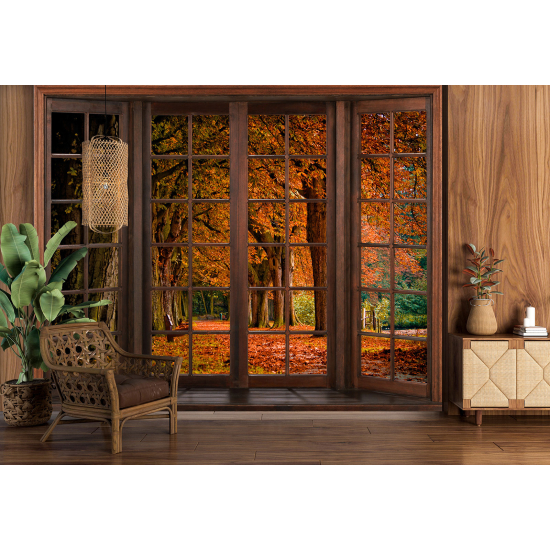 Optical Illusion Panoramic Wood Window Wall Mural / Wallpaper - Autumn