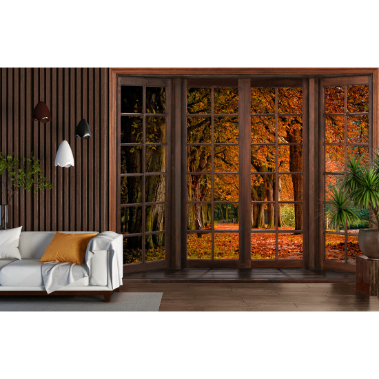 Optical Illusion Panoramic Wood Window Wall Mural / Wallpaper - Autumn