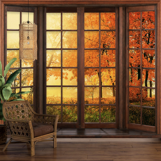 Optical Illusion Panoramic Wood Window Wall Mural / Wallpaper - Autumn